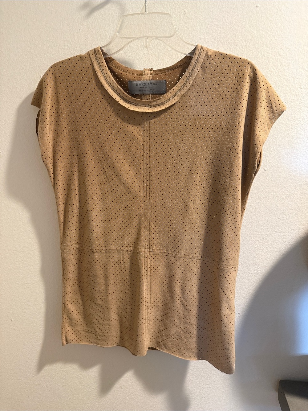 Zara Perforated Short Sleeve Top in Tan